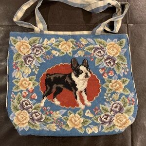 Frenchbulldog and floral needlepoint Tote Bag - Blue and Multicolor.